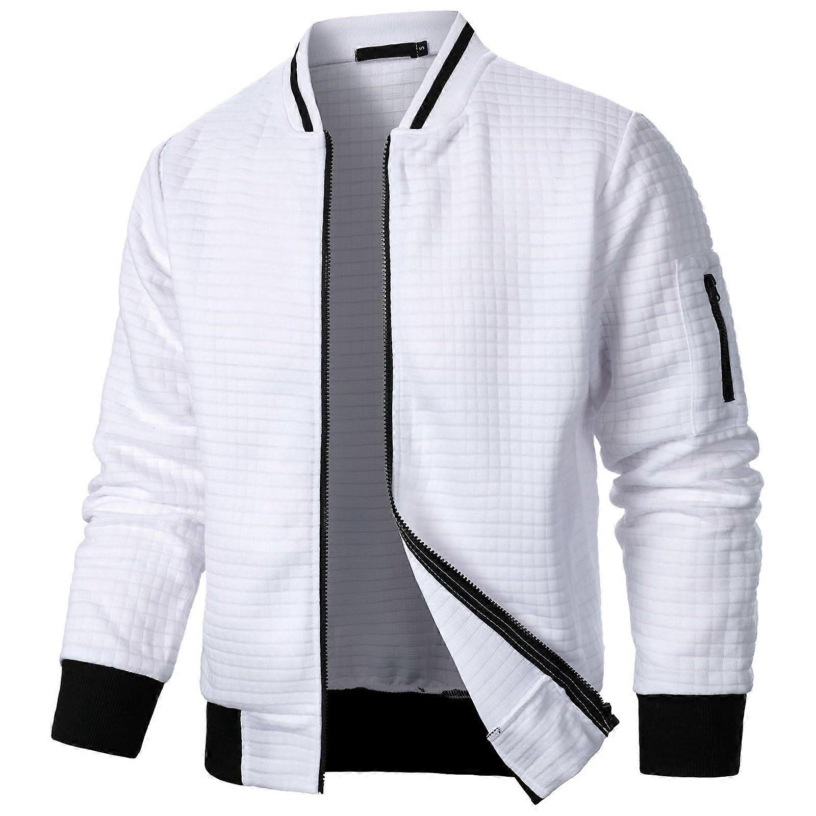 Fleece Hoodie Men's  Winter Long Sleeve Jacket Coat Square Plaid Zipper Cardigan Sweatshirt Checkered Coat Men's White M