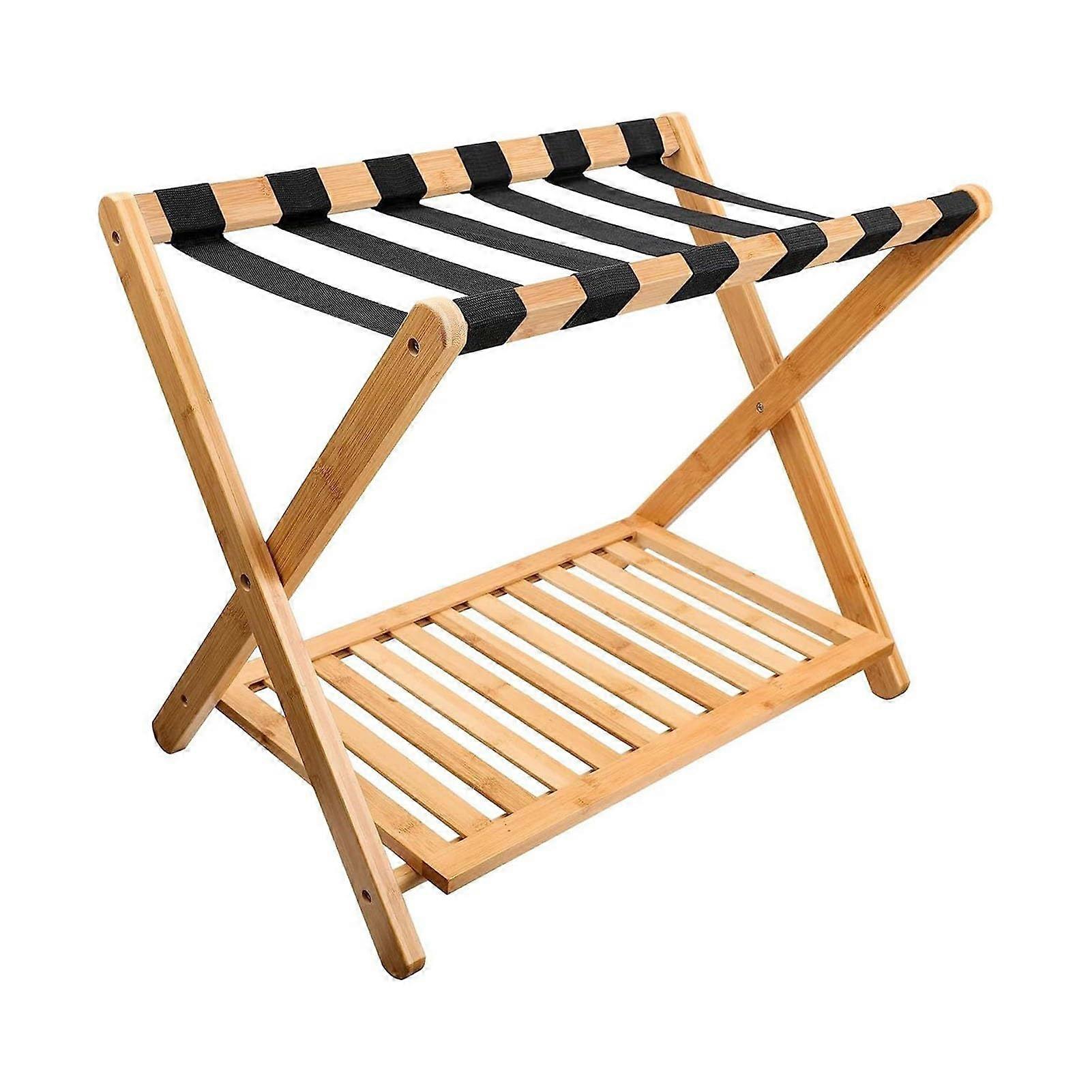 Bamboo Luggage Rack – Foldable 2-Tier Suitcase Stand with Shoe Shelf, Portable Backpack Holder for Bedroom and Hotel Use