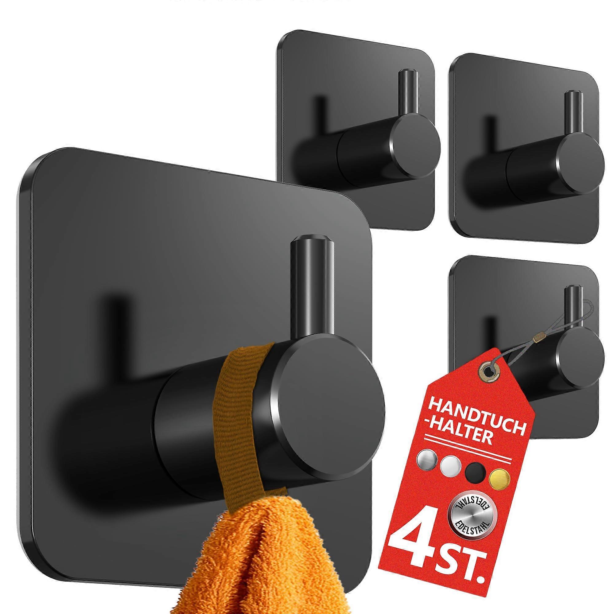 4Pack No Drill Towel Hooks – Black Adhesive Towel Rails, Stainless Steel NoDrill Hooks (Black)