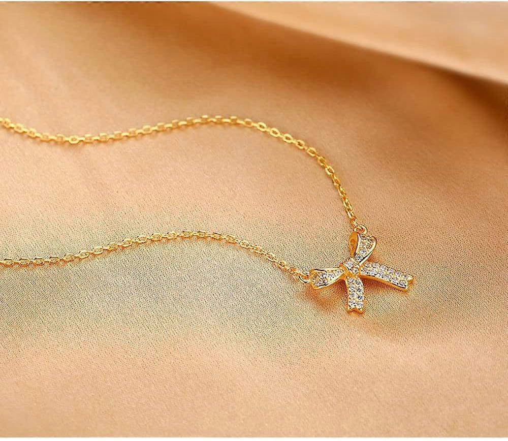 Süße Sterling-Halskette S925 für Frauen, Zarte Schleife mit Zirkonia,  Trendige, Feine Geschenkschmuck für Mädchen und, image size:1000x868