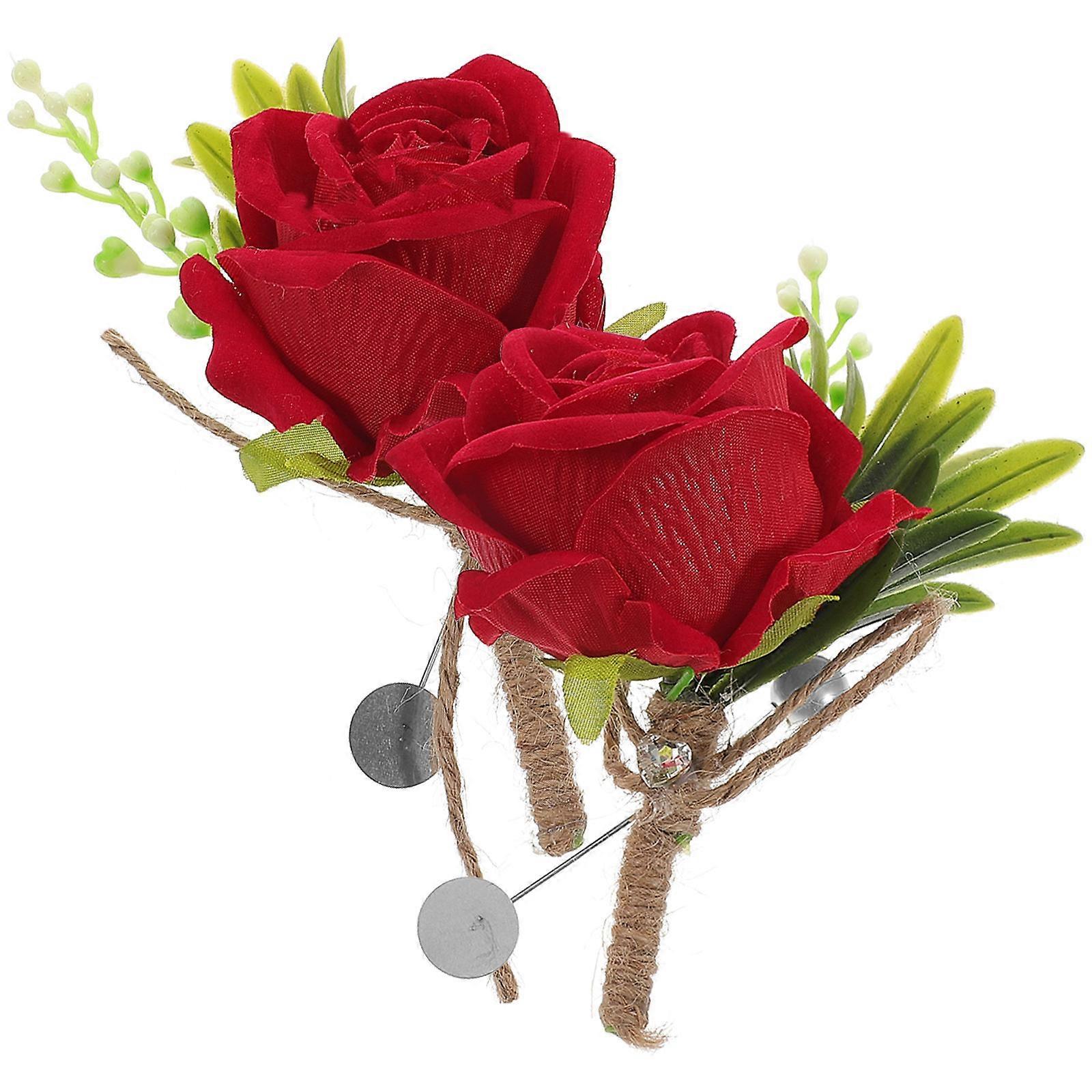 Silk Flower Wedding Boutonniere for Groom Bride Red Color Bridal Rose Corsage 2 Pieces