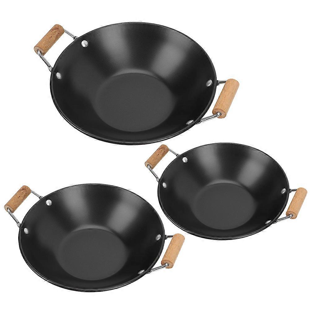 3pcs Metal Cooking Pots with Wooden Handles for Home Use Black Small Size