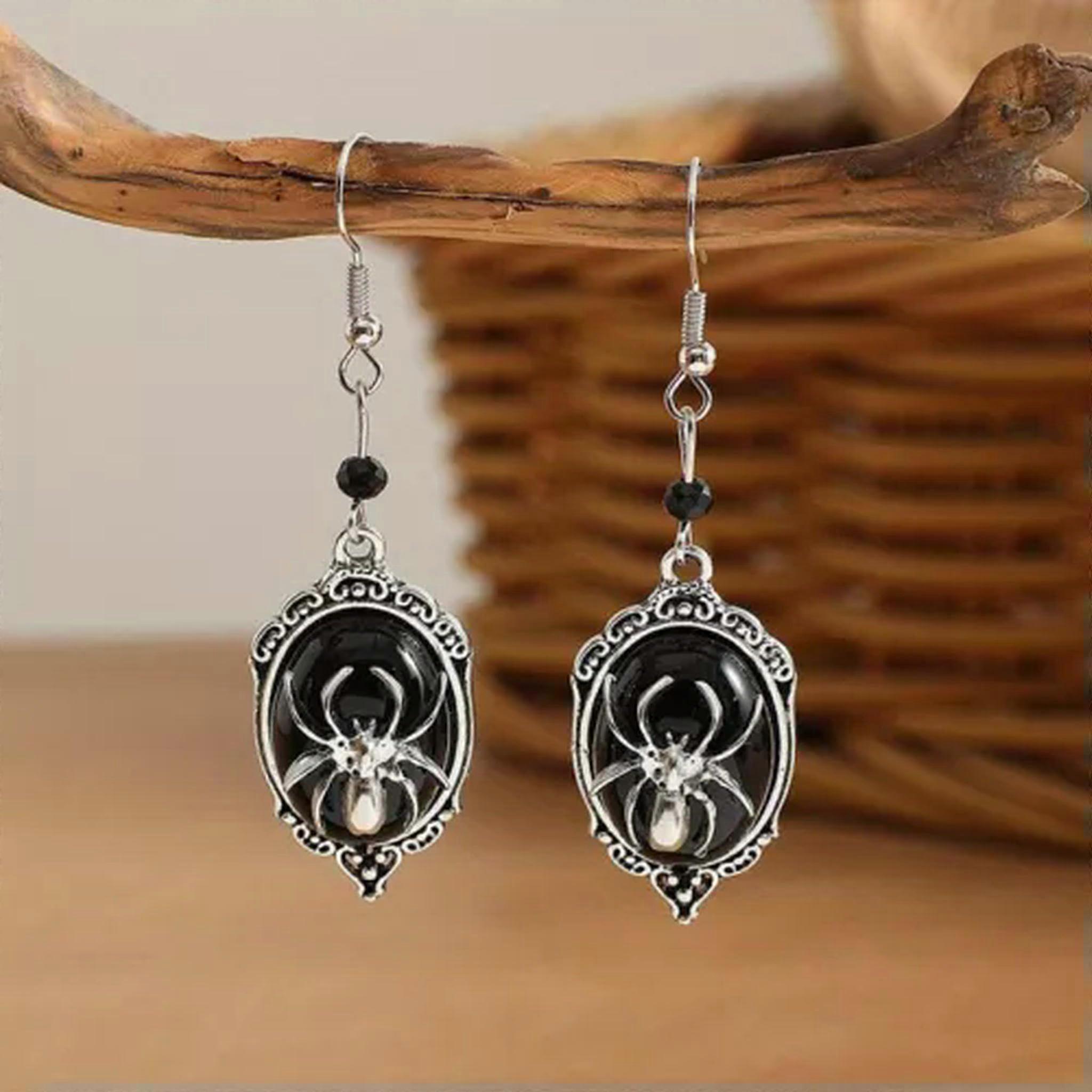 Gothic Black Gemstone Spider Earrings with Bat and Skull Design, Punk Halloween Jewelry in Silver