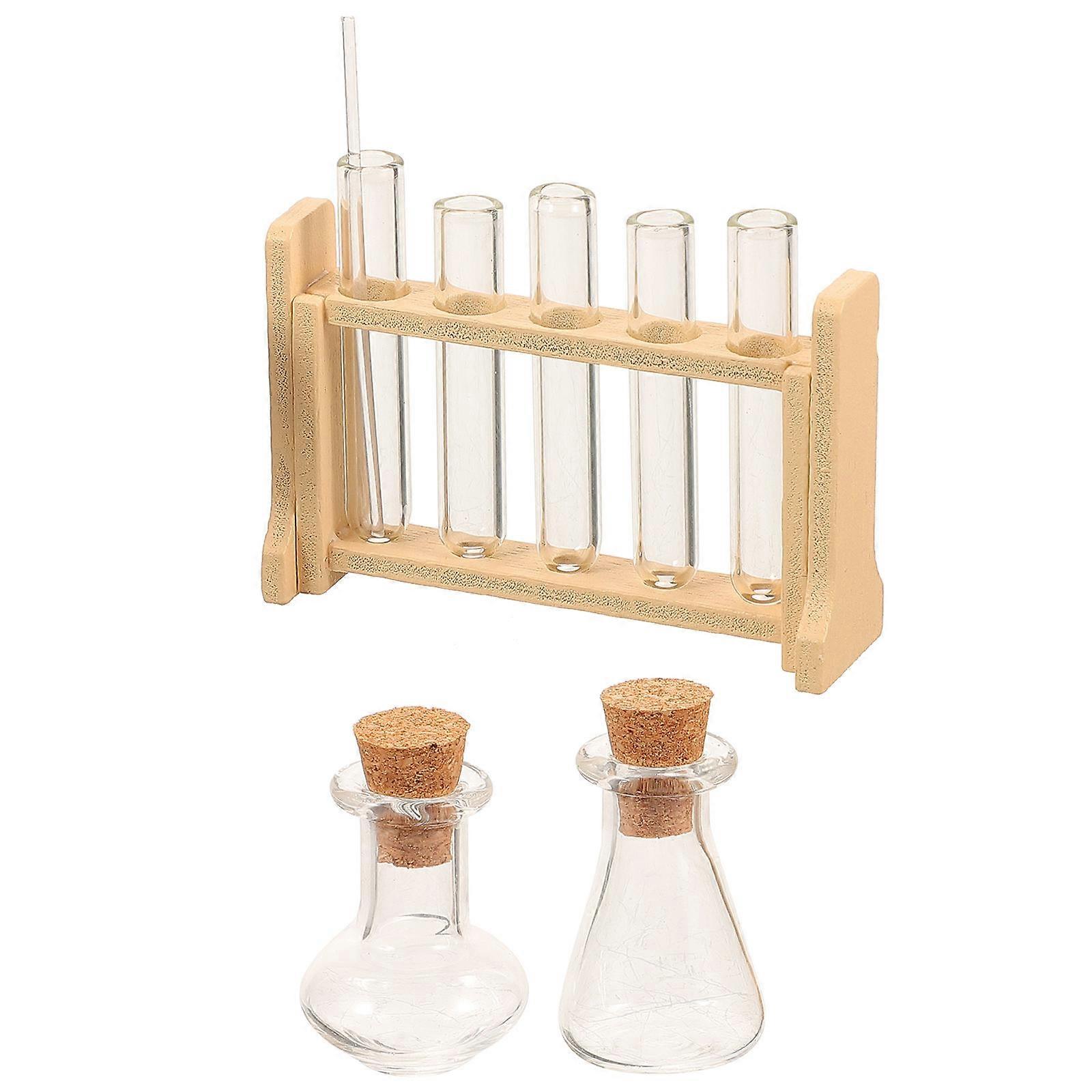 Wooden Science Tube Rack with Glass Test Tubes for Kids Playing Khaki Color Mini Laboratory Toy Set