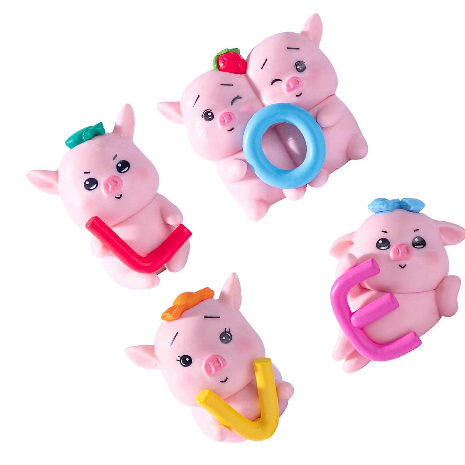 Plastic Pig Statues 4-Piece Set For Car Dashboard, Desk Or Bookshelf Decor, Pink Pig Figurines With Love Letter