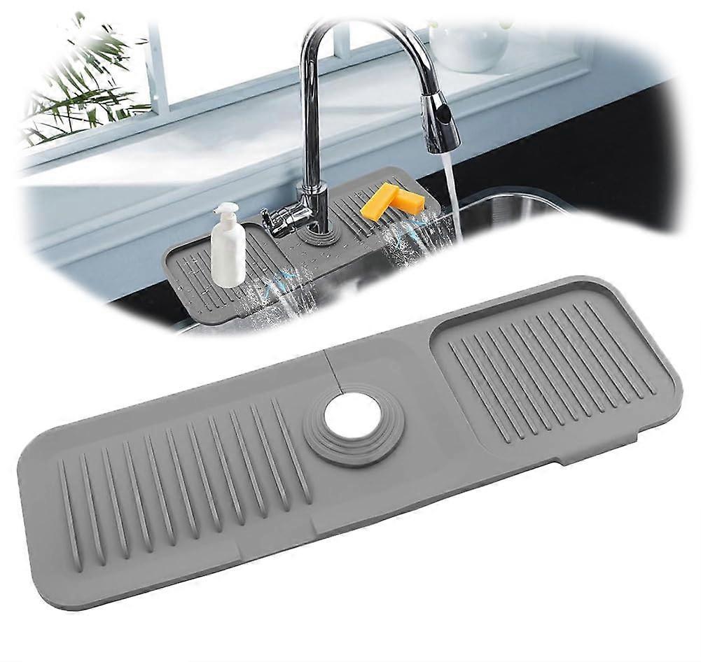 Sink Tap Mat Splash Guard - Improved Silicone Drip Catcher Tray, Quick Drying, Grey, 14.5 x 5.5 Inches