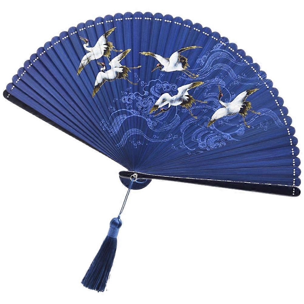 Vintage Crane Printing Folding Fan Chinese Style Photography Props Dark Blue 1Set
