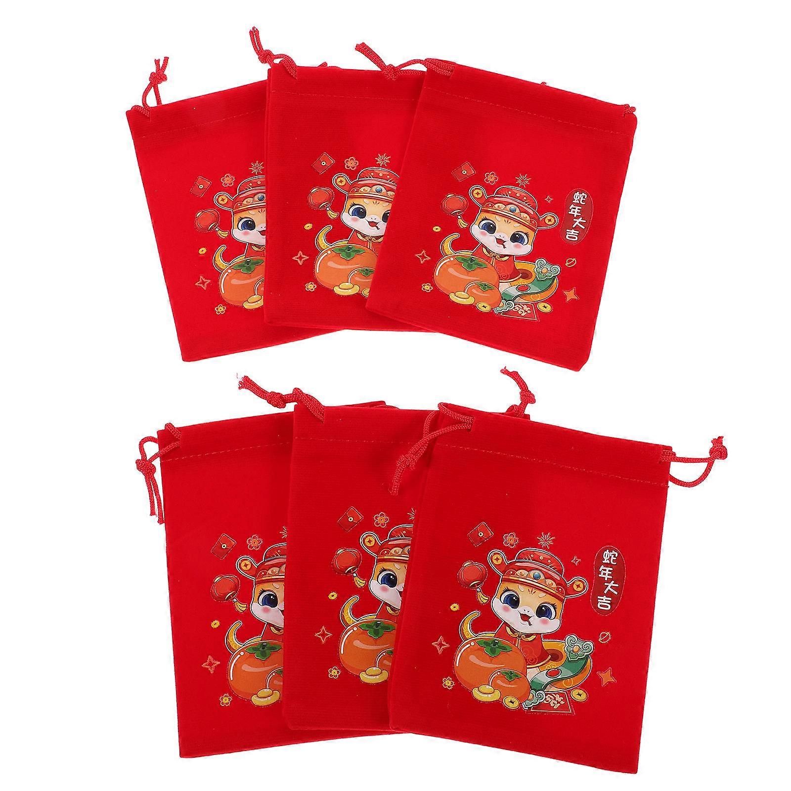 Chinese Themed Party Bags with Drawstring Closure for Storage Reusable Cloth Candy Bags Multi 6pcs