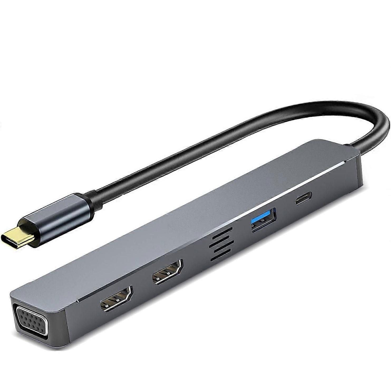 USB C Hub HDMI VGA Adapter for Triple Monitor, 5-in-1 Laptop Docking Station with Dual 4K HDMI(Gray)