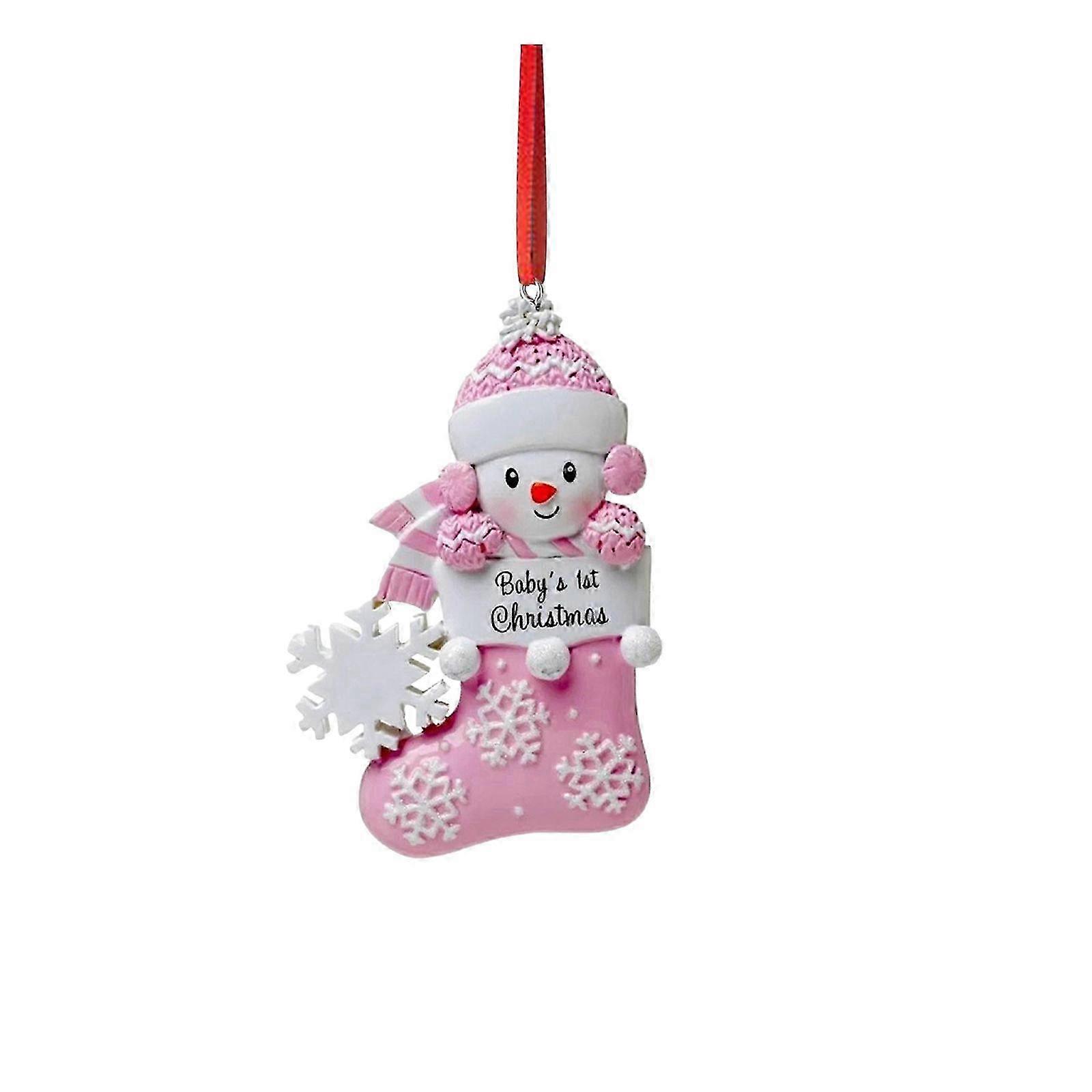 Pink Christmas Socks with Snowman Decoration - Hanging Resin Garland for Christmas Tree