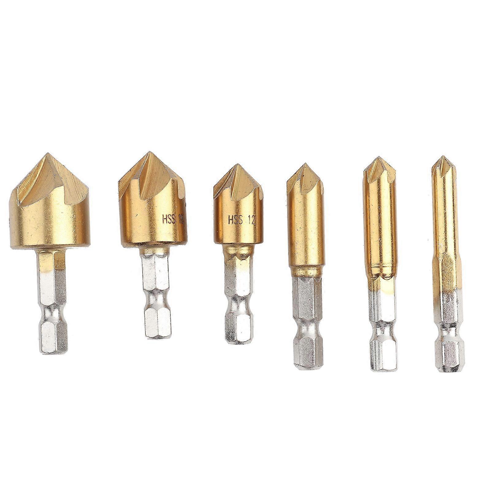 6pcs HSS Chamfer Countersink 1/4" Hex Shank 90 Degree Wood Chamfering Cutter 6mm-19mm