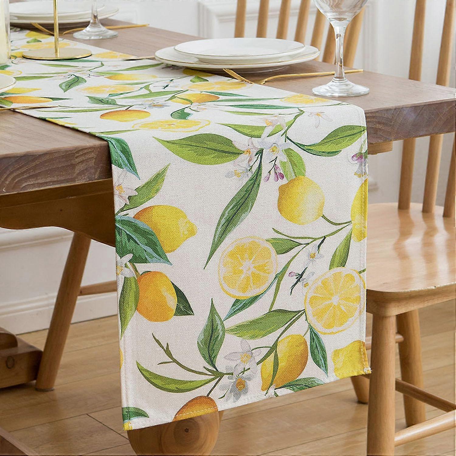 Table Runner Modern Lemon Pattern Yellow 33 x 183 cm Washable Polyester For Dining Table Living Room Outdoor Summer