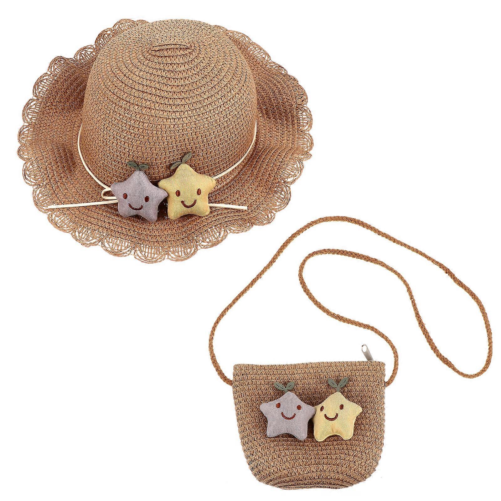 Uv Protection Sunhat for Children 1Set Straw Woven Hat with Matching Bag
