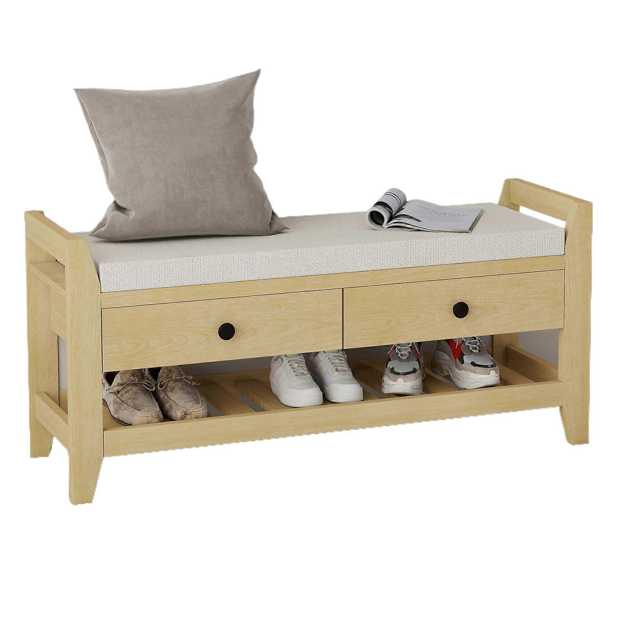 Modern Storage Bench Natural Finish Soft Cushioned Seat Shoe Storage