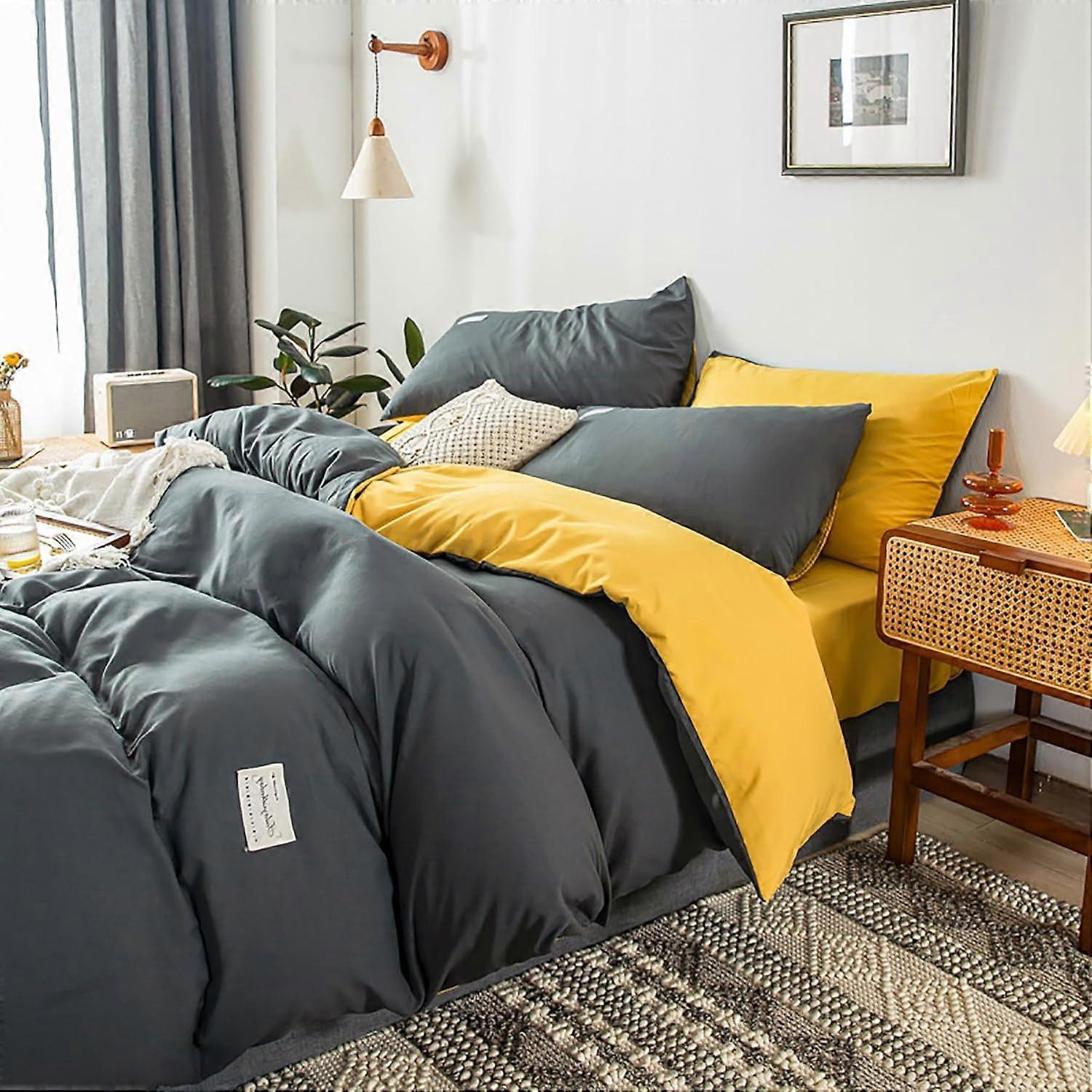 Queen Size 4 Piece Solid Color Sheet Set, LongStaple Cotton, AllSeason, Breathable Bedding, Zipper Closure, Yellow