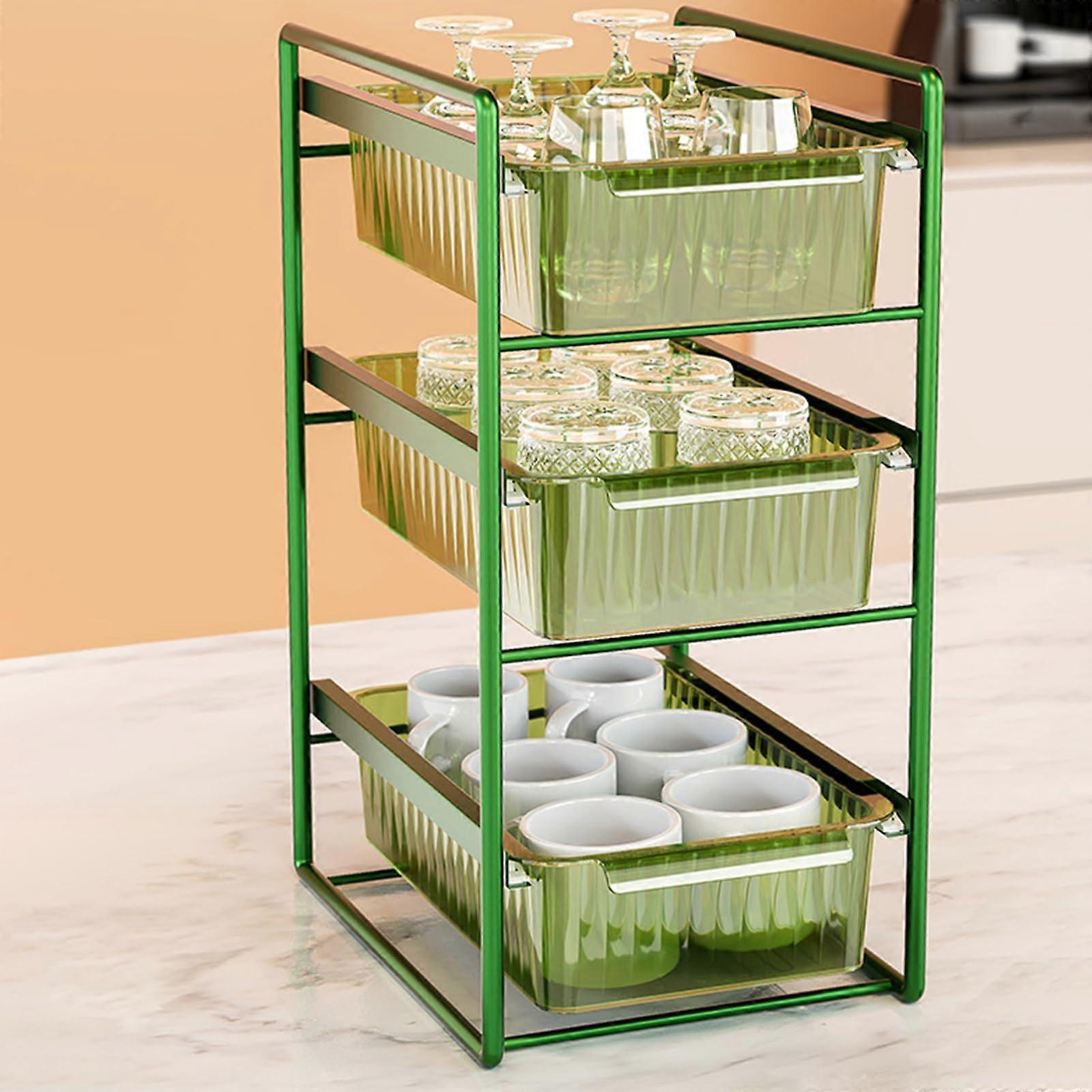 Sliding Kitchen Storage Rack, Under Sink Extendable, Triple Layer Green, 32X23.6Cm, Fits Kitchen Cabinets