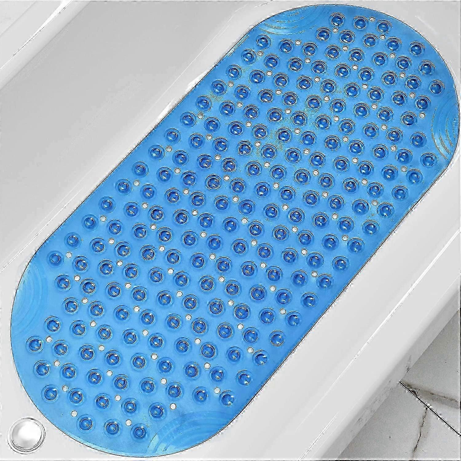 Shower Mat,Non-Slip with Drainage Holes and Suction Cups,Machine Washable,88 x 40cm,Transparent Blue
