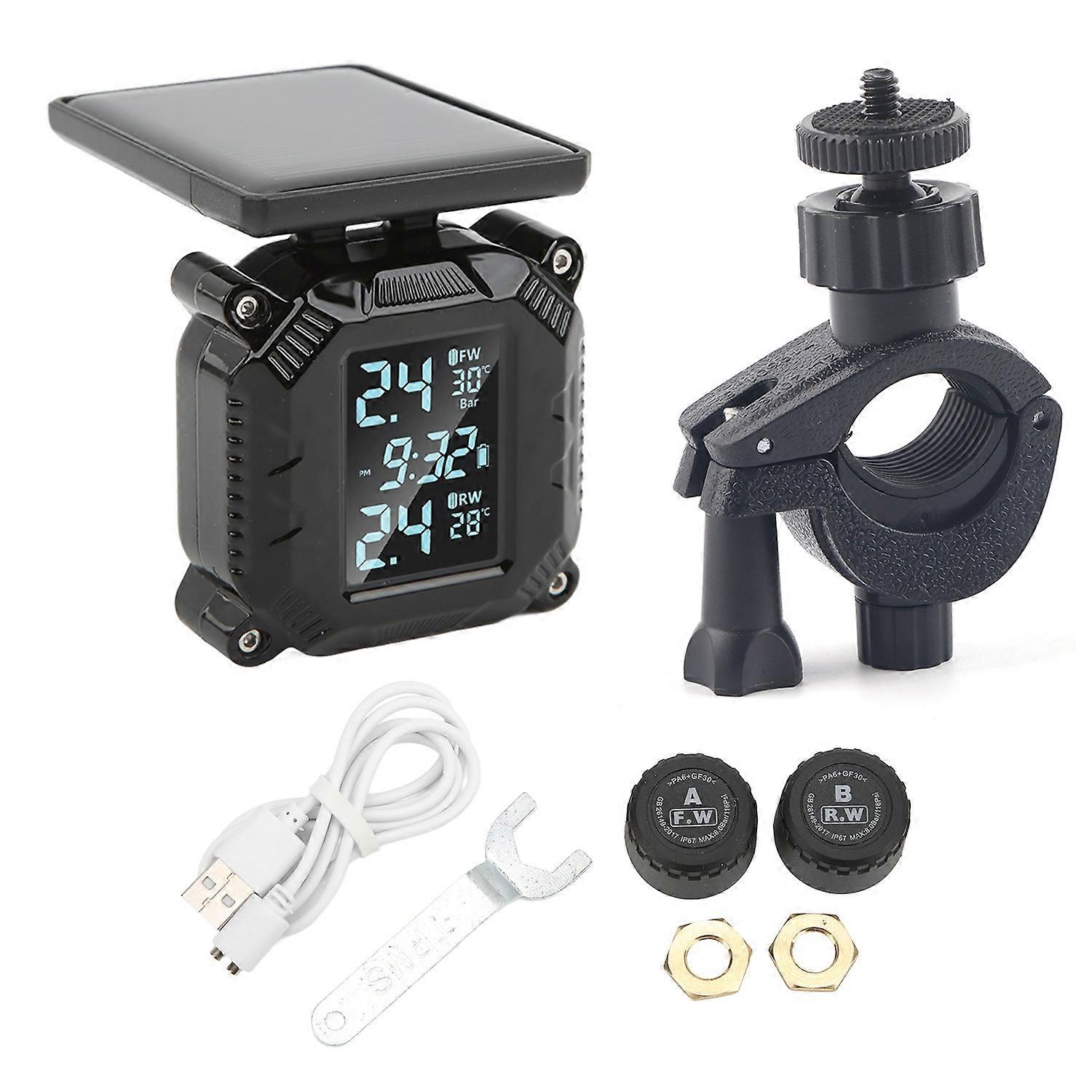 Wireless Motorcycle Tire Pressure Temperature Monitor System Solar Powered LCD Screen IP67 Waterproo