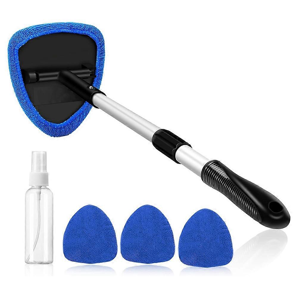 Car Windshield Cleaning Tools, Reusable and Washable Microfiber Pad and Retractable Handle Car Glass Wiper Kit, Blue