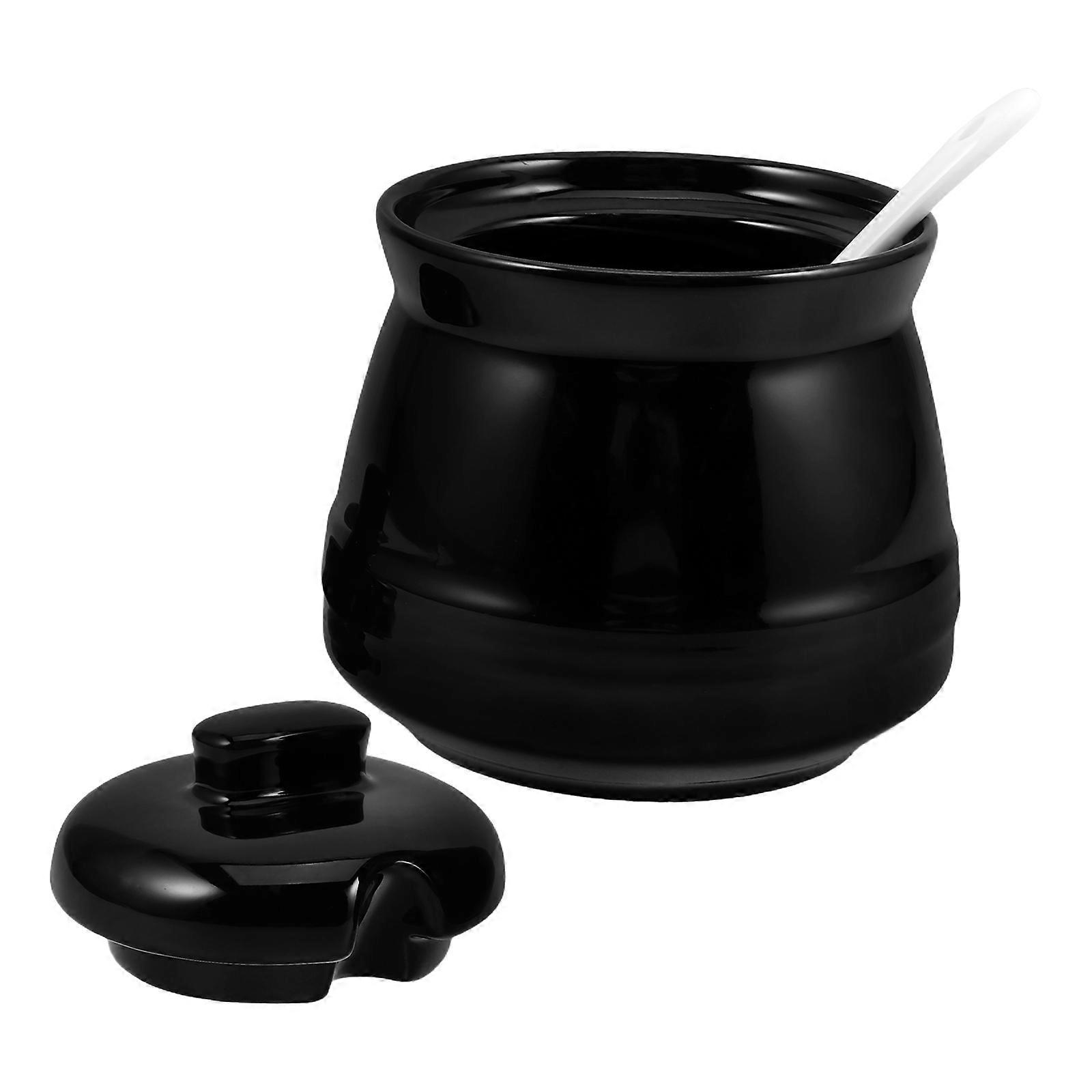 Black Ceramic Sugar Jar with Spoon for Kitchen Storage 350ml Container