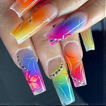 24 Pcs Colorful Summer French Coffin Nails - Press Ons with 3D Rhinestones Design, Full Cover False Nails Colorful 1 Fl Oz (Pack of 24)