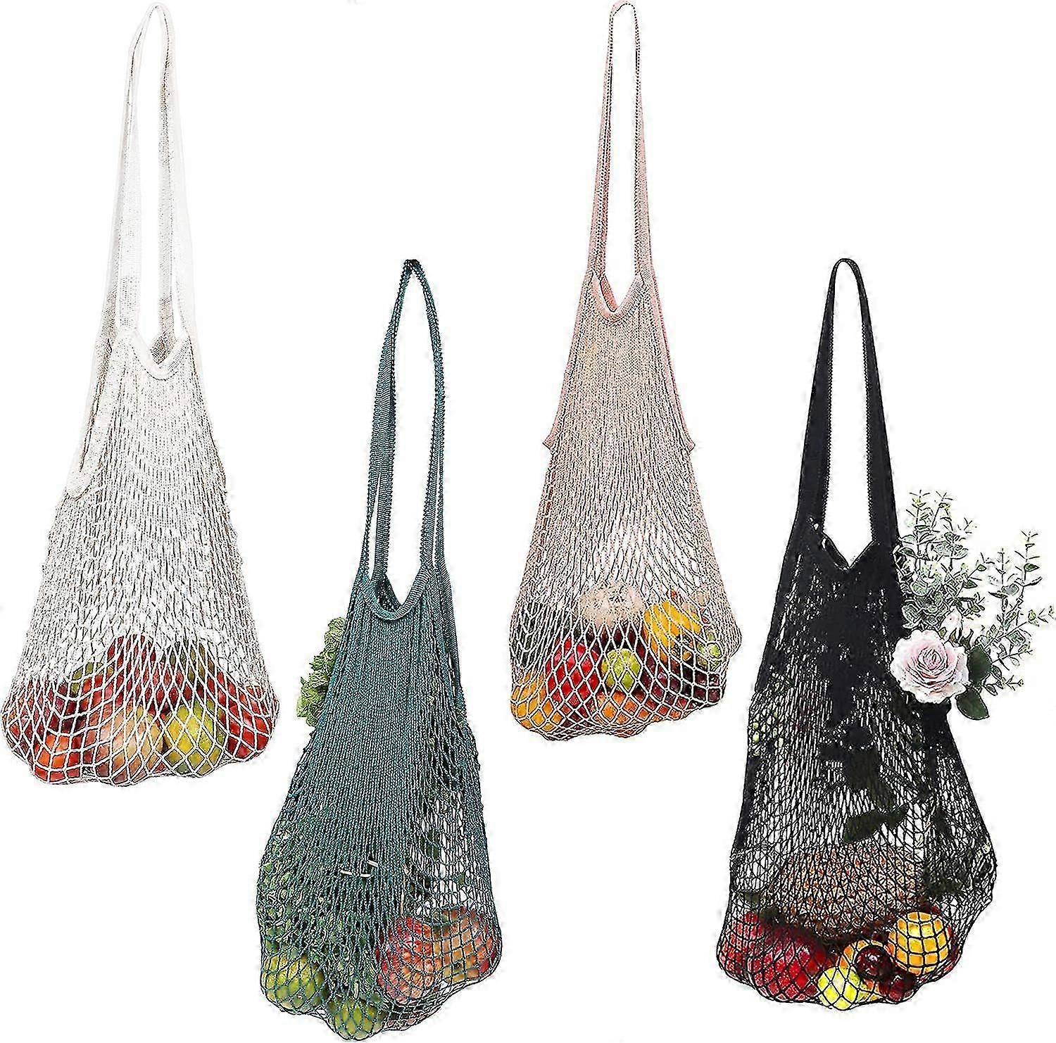 Mesh Shopping Net (4 Pack) - Cotton Shopping Bag with Handle - Portable, Reusable and Washable Shopping Net - Fruits, Vegetables, Groceries and Beach