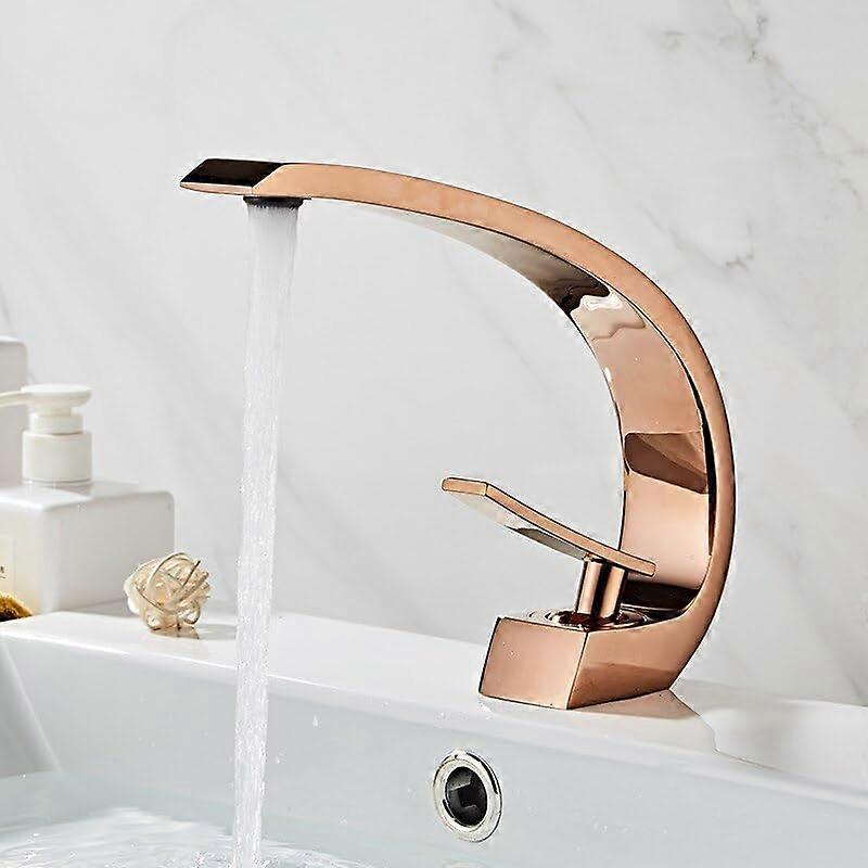 Rose Gold Bathroom Faucet with Waterfall Spout, Single Handle Solid Brass Basin Mixer Tap