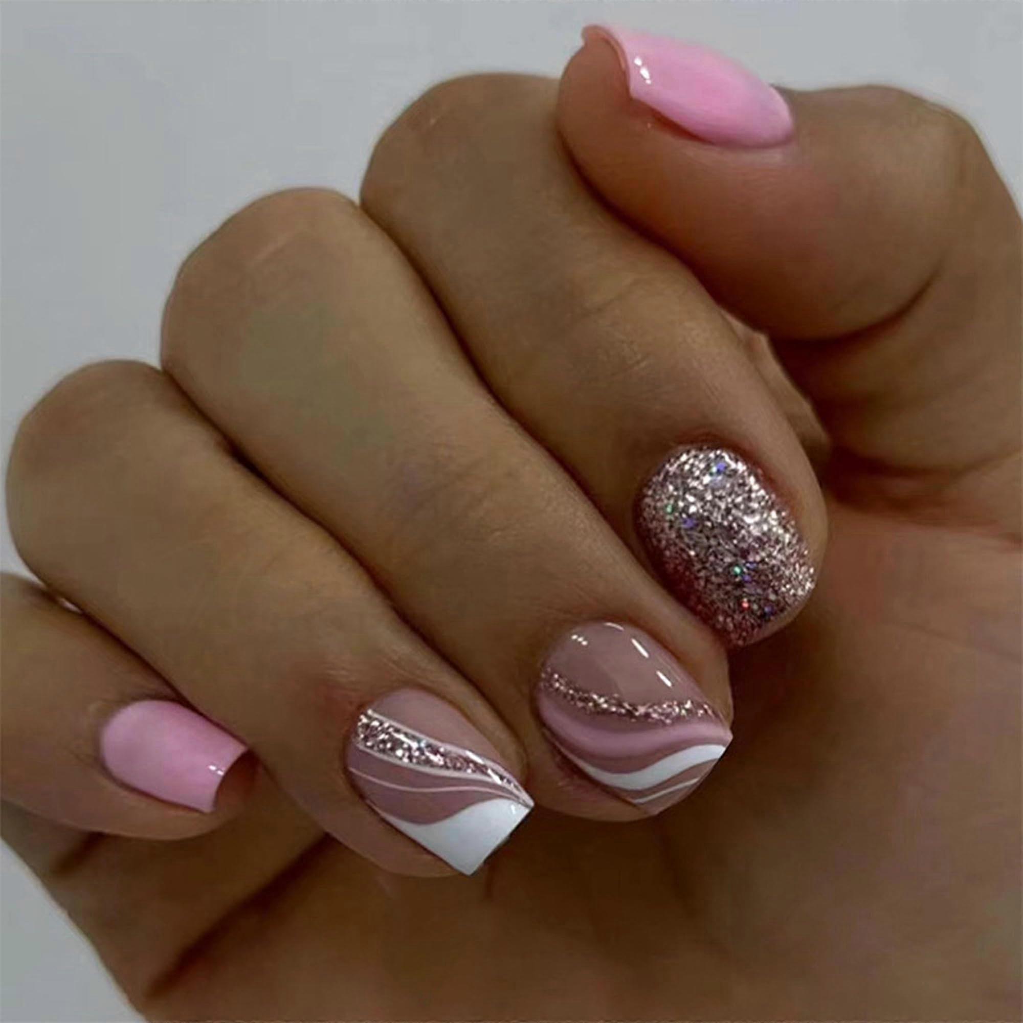 Short Pink Glitter Solid Gel Press On Nails 24pcs, Square Shape, 12 Sizes, LongLasting
