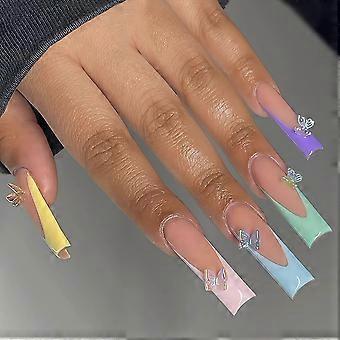 Long Square Press On Nails Set with Colorful Butterfly French Tips Acrylic False Nails 24pcs