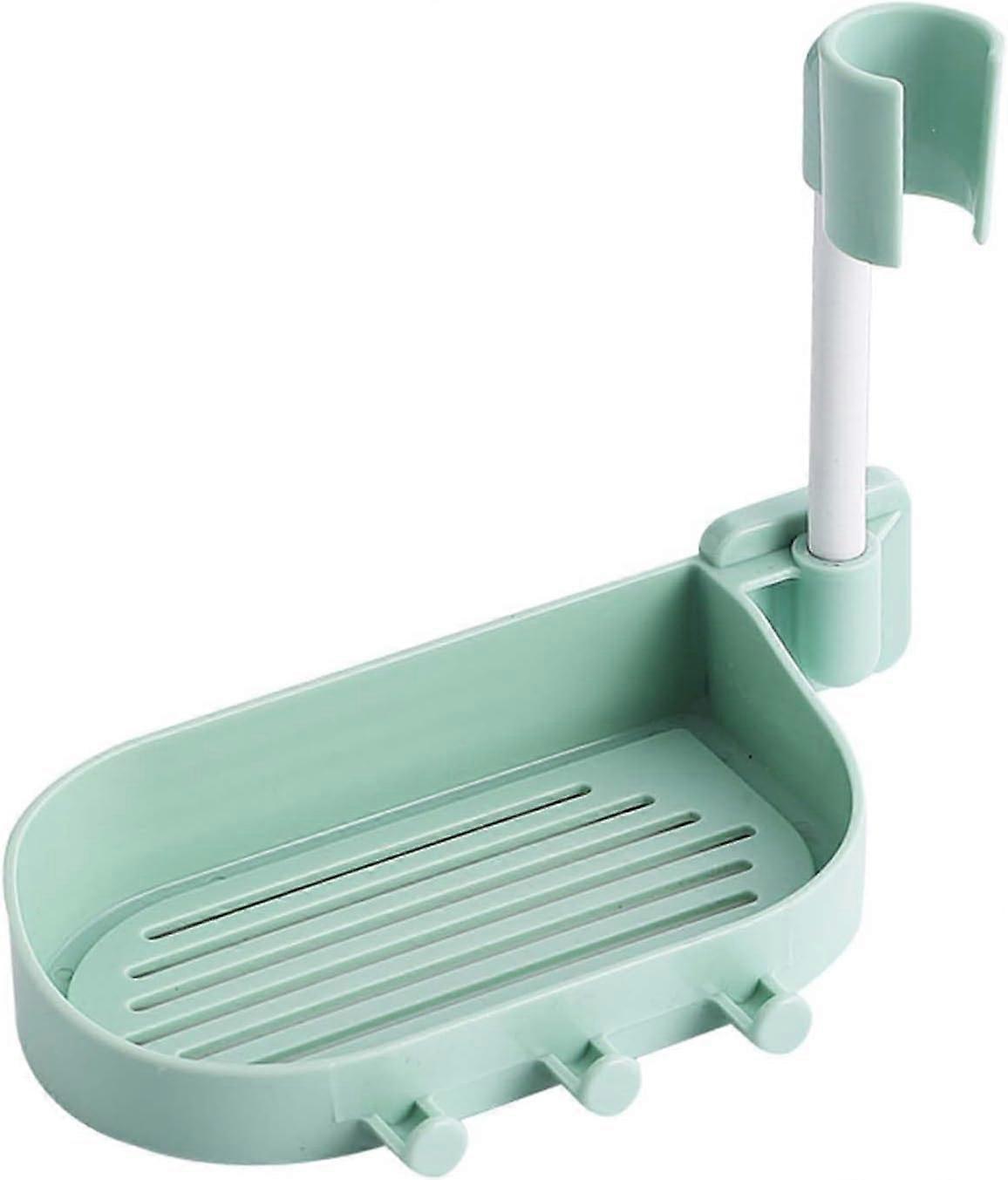 Adjustable Shower Head Holder with Soap Dish and Hook, Wall Mounted Adhesive Green Bracket