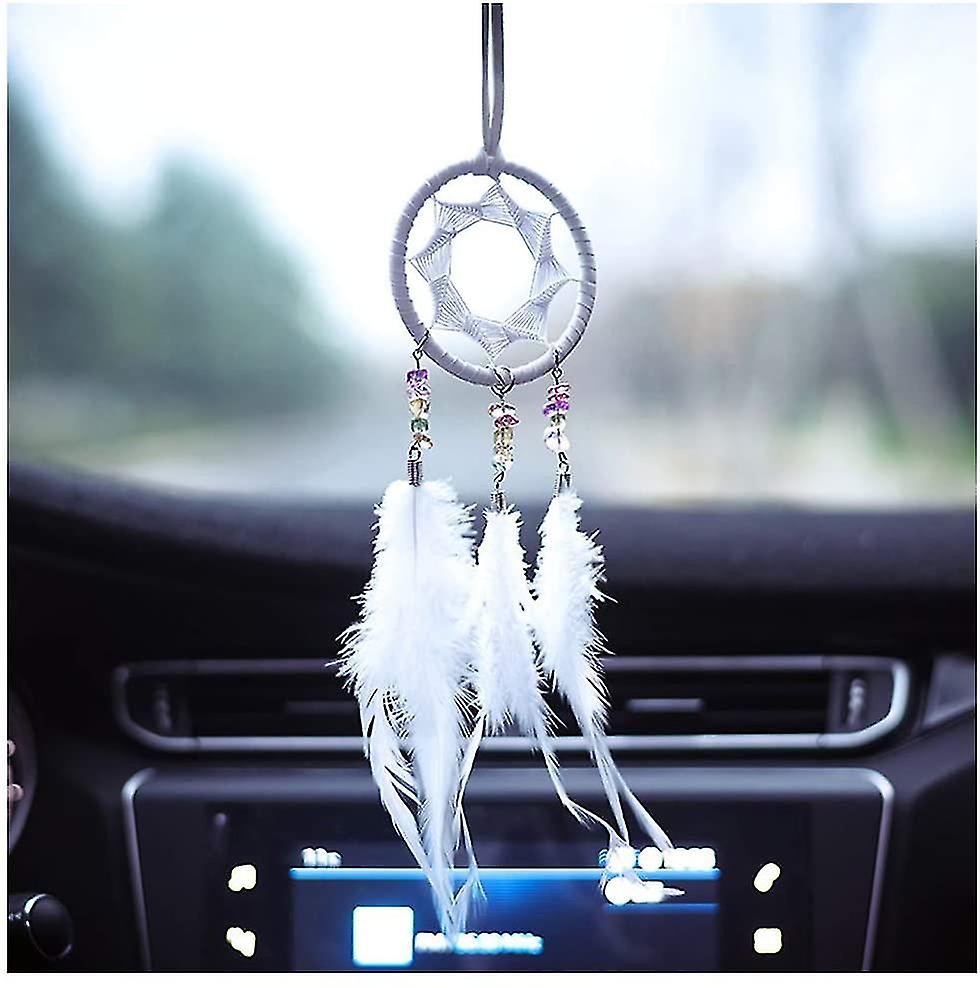 Handmade Boho Dream Catcher For Car Mirror - Small Hanging Decor With Feathers