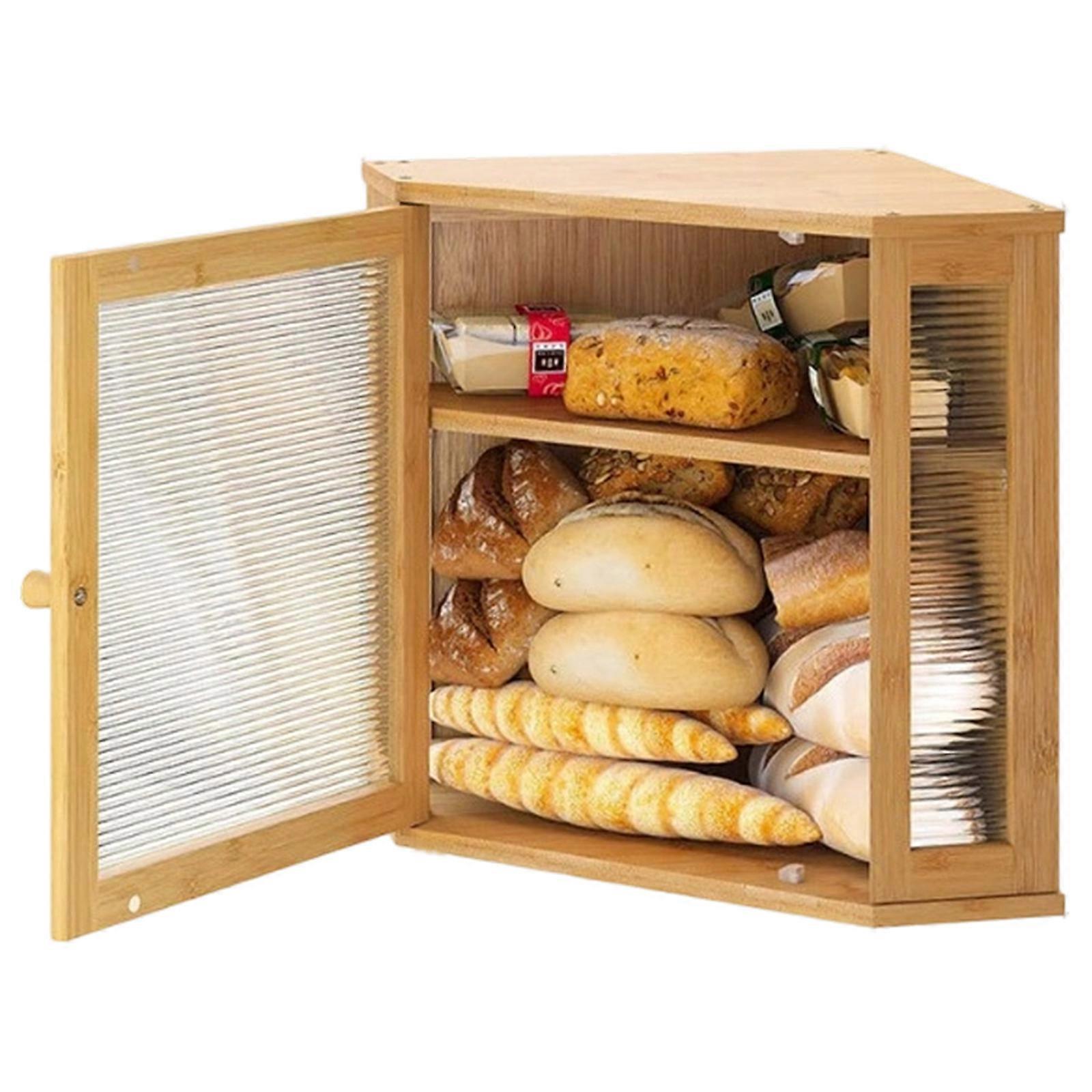 Modern 2 Level Bread Holder With Patterned Acrylic Panel And Solid Wood Structure  Wood color