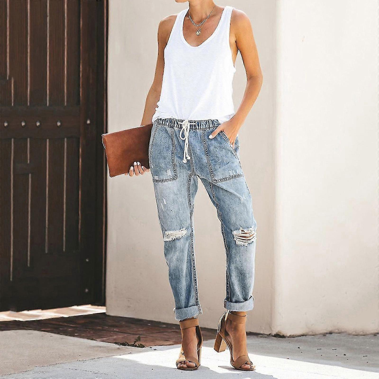 Elastische taille dames versleten denim joggingbroek - pull-on stretch broek