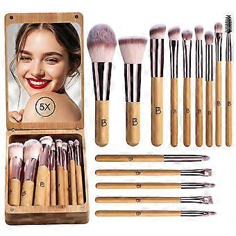 BS-MALL 14Pcs Travel Makeup Brush Set, Foundation/Concealer/Eye,LED Mirror (E-Bamboo)