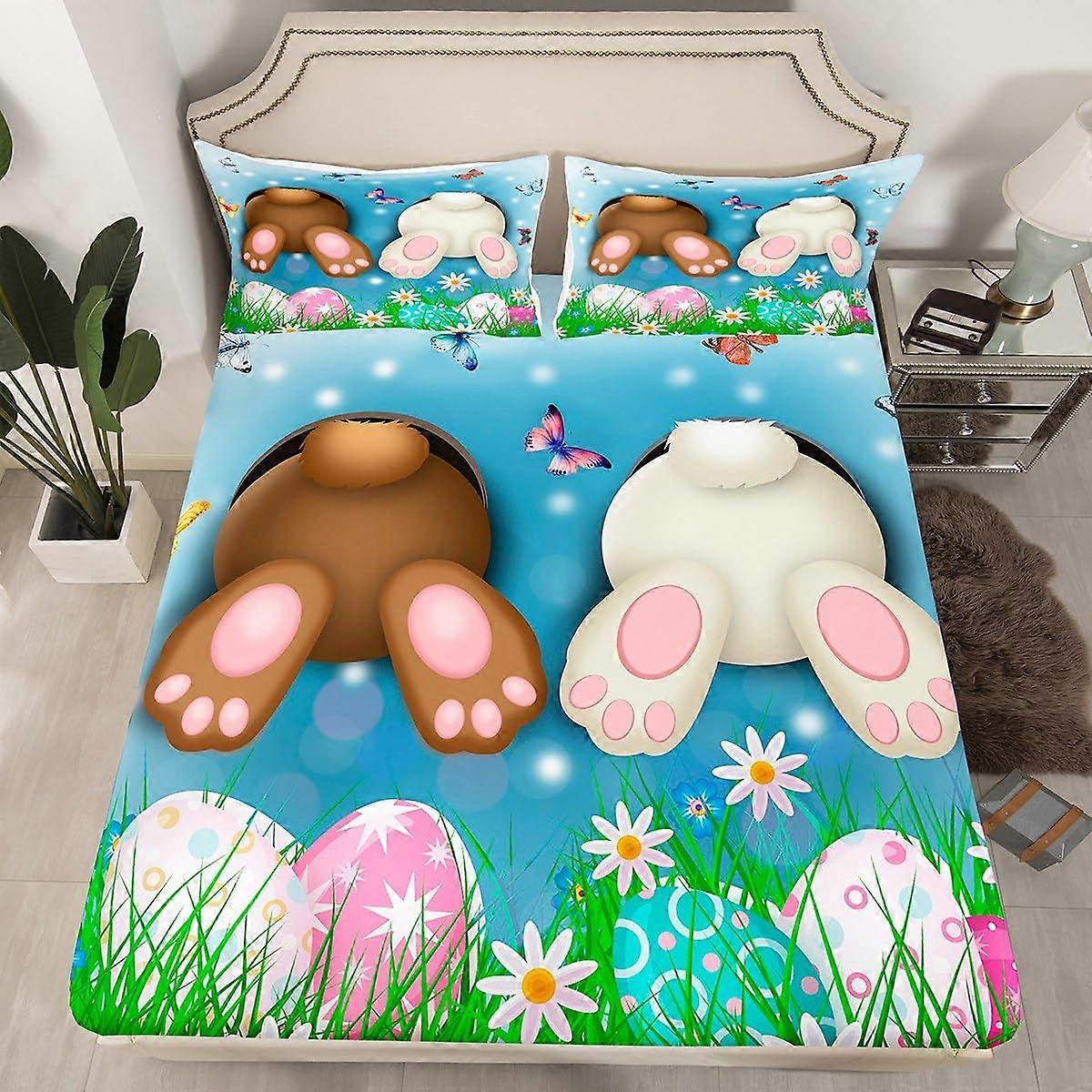 Easter Bedding Set Queen Size Sheets with Cute Rabbit Design, Multicolor Decor and  Easter Gifts