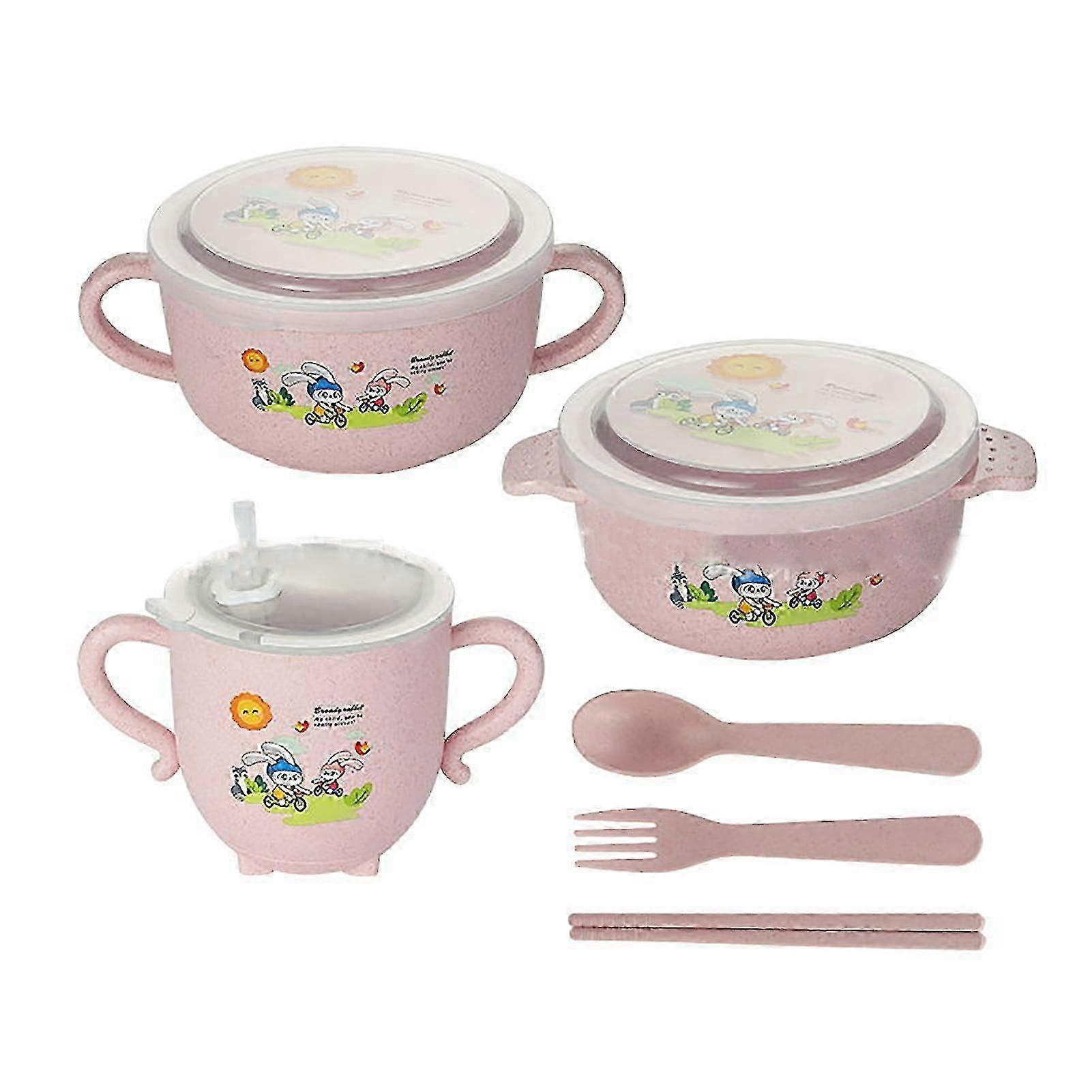 6pcs Cartoon Wheat Straw Bowl Sets Heat Resistant Safe Material Anti Fall Wheat Straw Dinnerware Sets compatible with Home Kindergarten