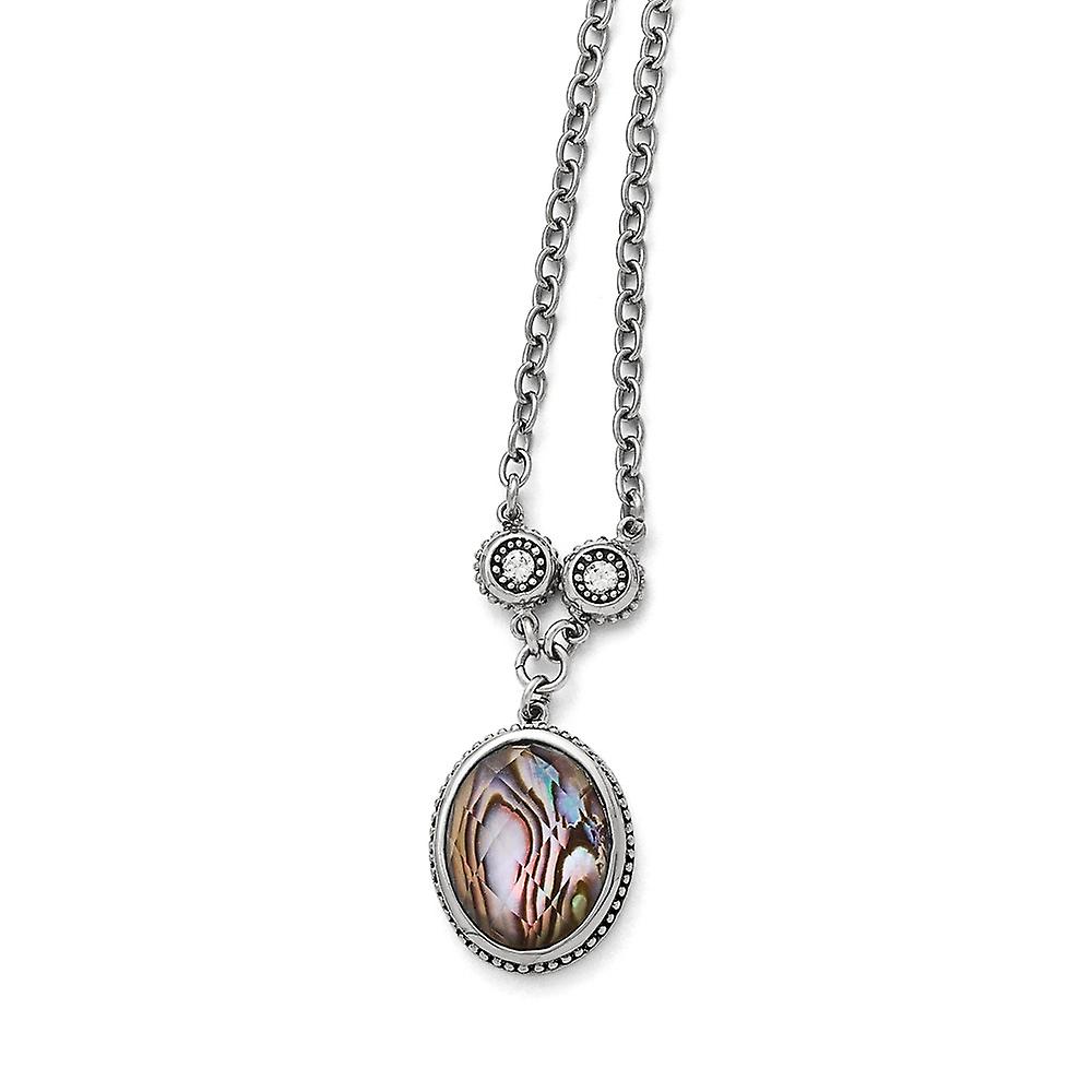 Colar com fecho lagosta sofisticado em aço inoxidável polido e oxidado, imitação de abalone com zircônia cúbica e extensor de 3,8 cm (1,5 polegadas). Pingente de 47 cm (18,5 polegadas).