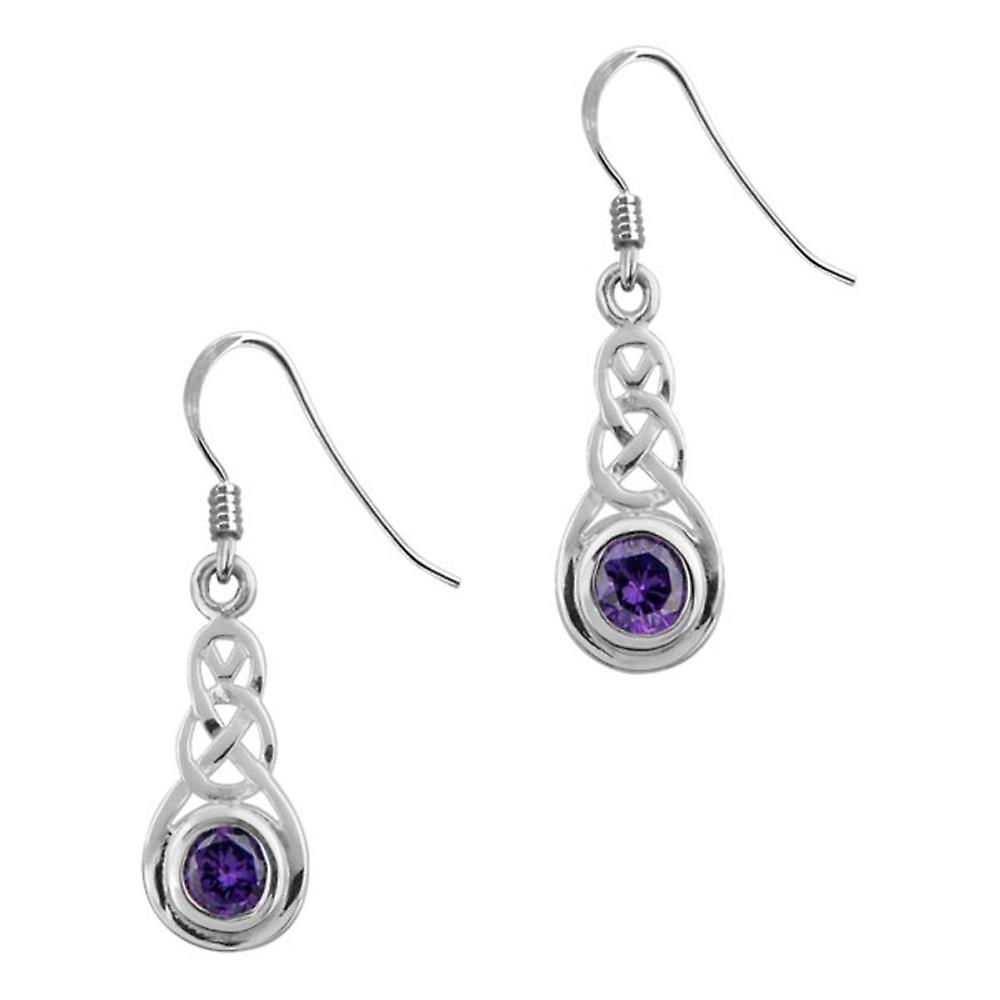 Celtic Eternity Knotwork Drop Style Pair Of Earrings - Amethyst Colour Stone