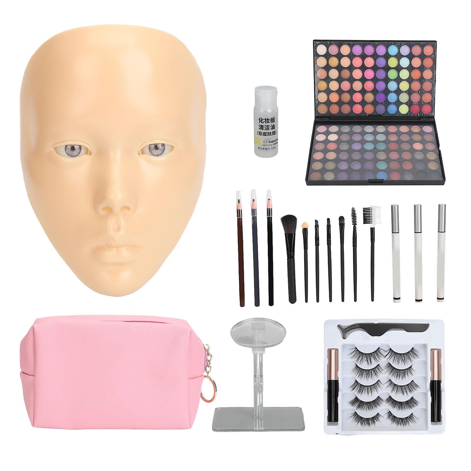 5D Silicone Makeup Practice Mannequin Set Reusable Makeup Full Face with False Eyelashes Stand Eyeshadow Palette