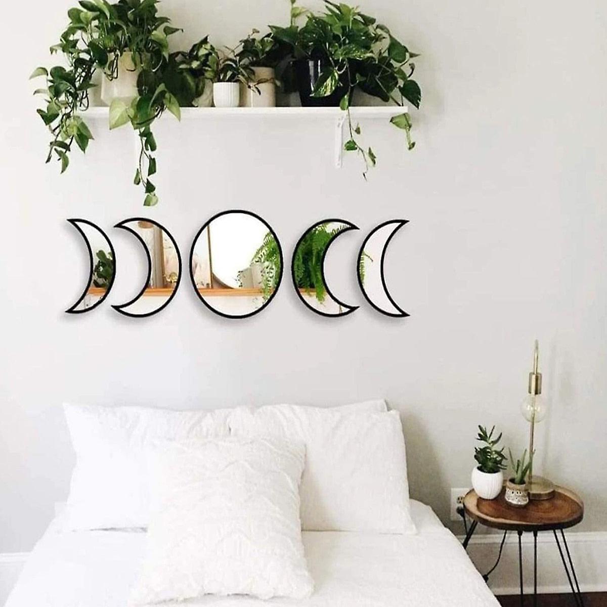 5 Pcs Wooden Acrylic Moon Wall Decorative Mirror Moon Cycle Variation Decorative Wall Mirror Creative Bohemian Mirror
