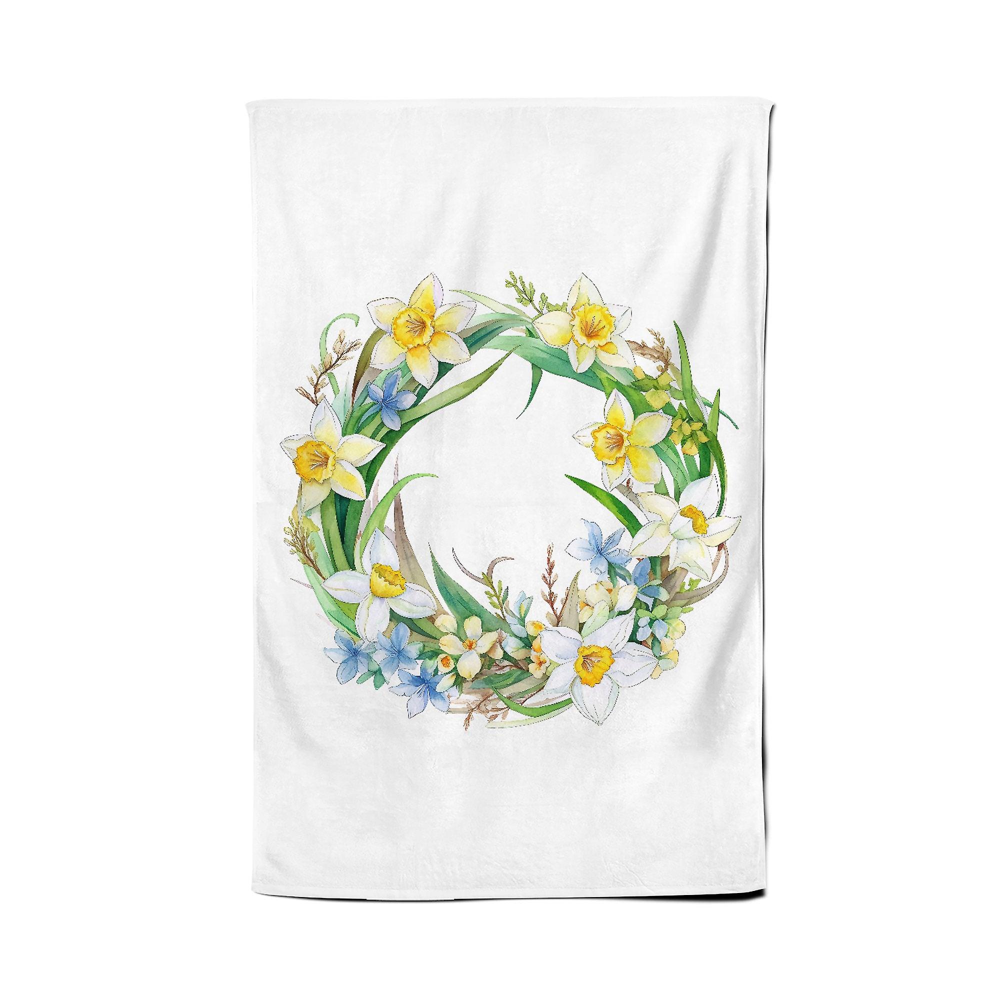 Boho Daffodil Watercolour Wreath Tea Towel