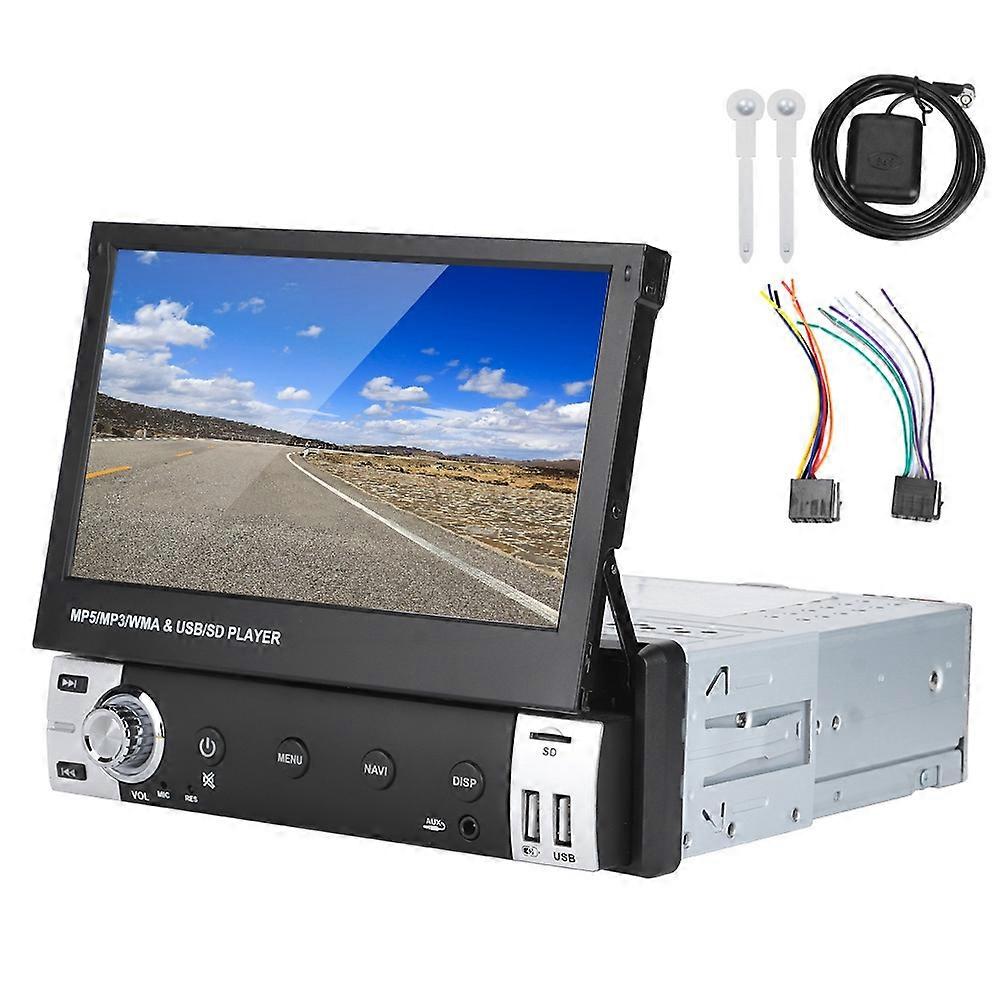 7in Single Din Car Player GPS Navigation System Front USB Telescopic Screen Bluetooth HF Radio Stereo AIOScreen Popup Manually E2U211