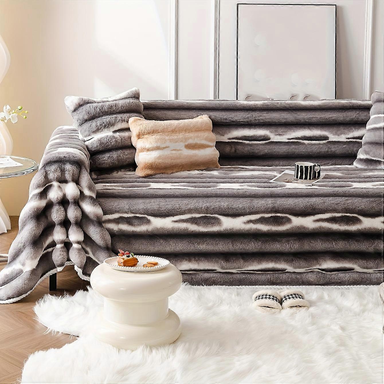 1pc Winter Thickened Couch Cover Imitation Rabbit Plush Sofa Cover, Non-slip Sofa Slipcover Furniture Protector For Bedroom Office Living Room Home De