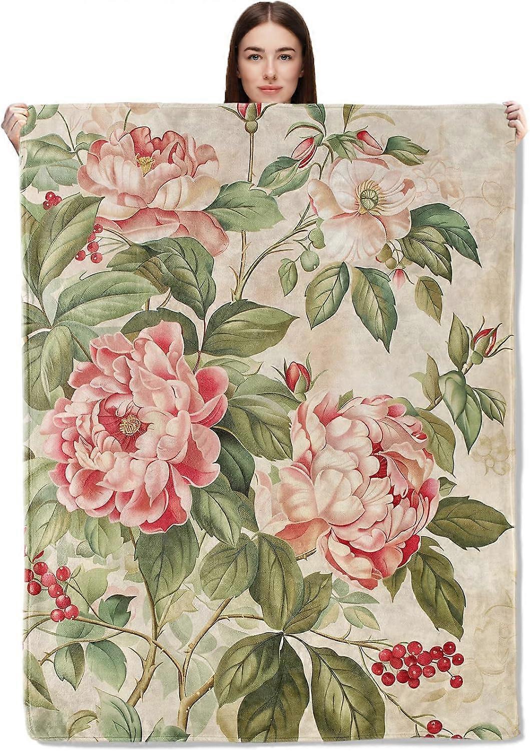 Classic Floral Blanket - Soft Flannel Throw Blankets - Cozy & Warm for Relaxing on Couch or Bed, Lightweight for Travel - Plush with Flower Design for