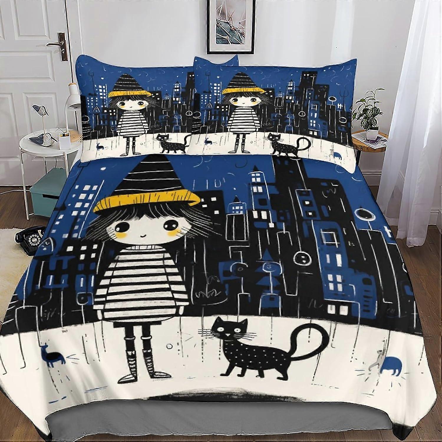 Cat Girl 3D Sängkläder, 3 st Färgglada Sängkläder Set Microfiber Påslakan & Örngott med Dragkedja För Enkel- eller Dubbelsäng