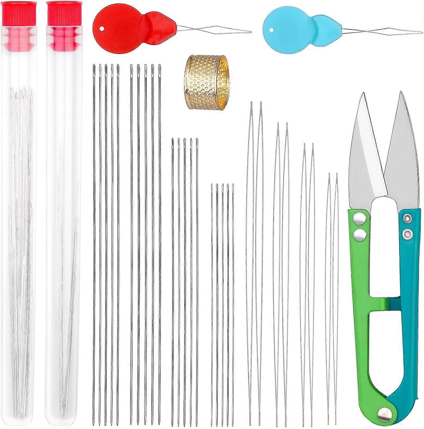 28pcs beading βελόνες που περιλαμβάνει 20pcs μακριές ευθείες βελόνες χάντρες + 8pcs μεγάλες βελόνες χάντρες μάτι, βελόνες κεντήματος με μπουκάλι βελόνα, δαχτυλήθρα