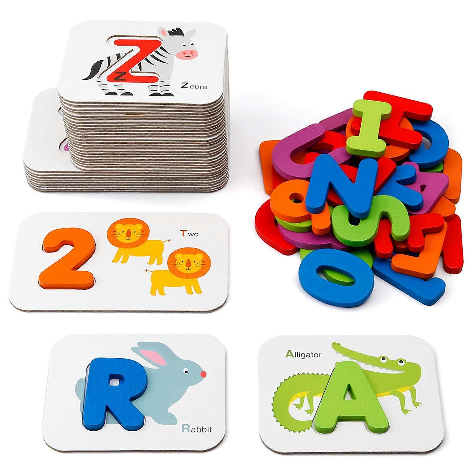 Numbers and Alphabets Flash Cards Set - ABC Wooden Letters and Numbers Animal Pattern Board Matching Puzzle Game Gift