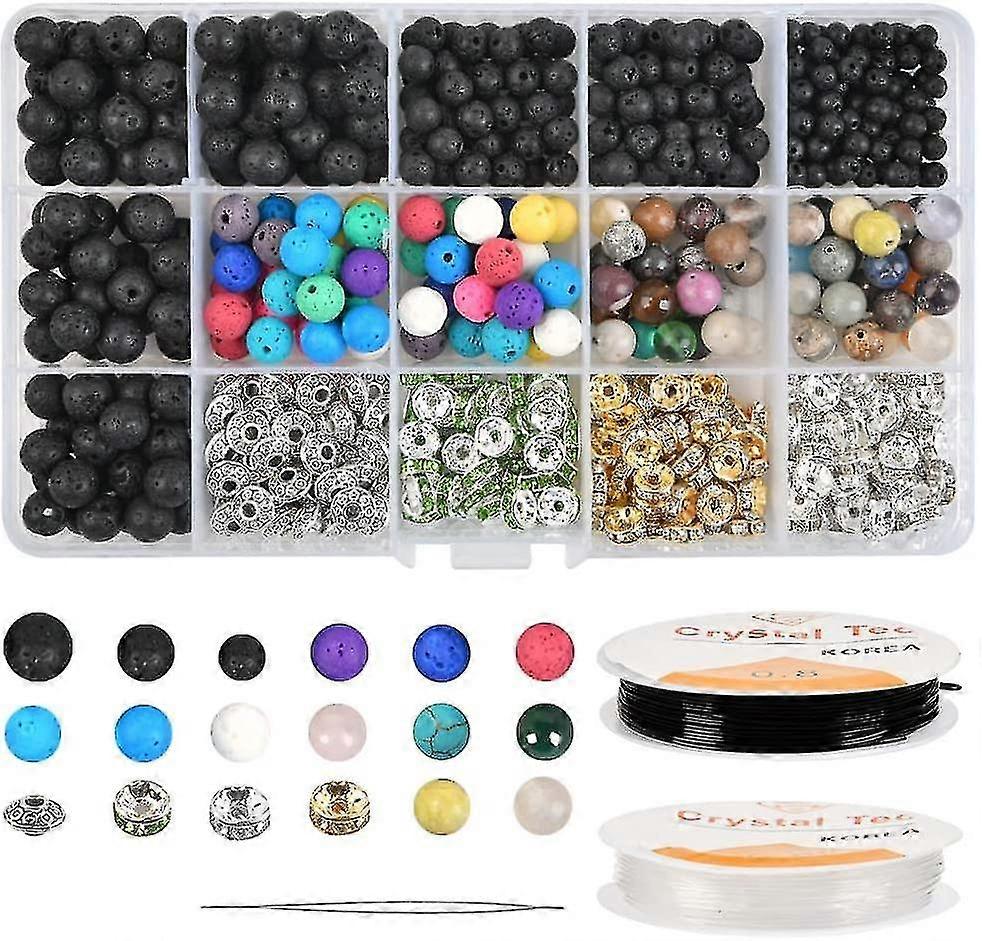 Assorted Lava Stone Beads Kit For Bracelet Making, Black And Colored Natural Stones With Spacer Beads (600 Pcs)