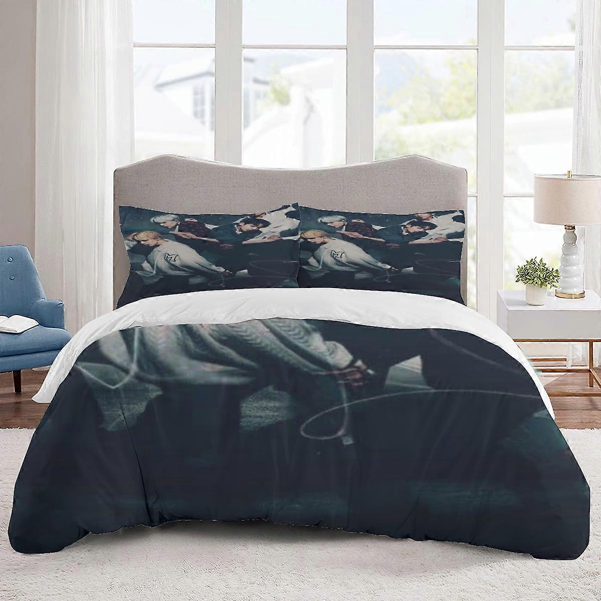 v1084 Lakan Sängkläder BTS Sängkläder Tecknad påslakan Lätt 3-delad Bet Sets för barn Pojkar Flickor (1 påslakan och 2 örngott) Säng