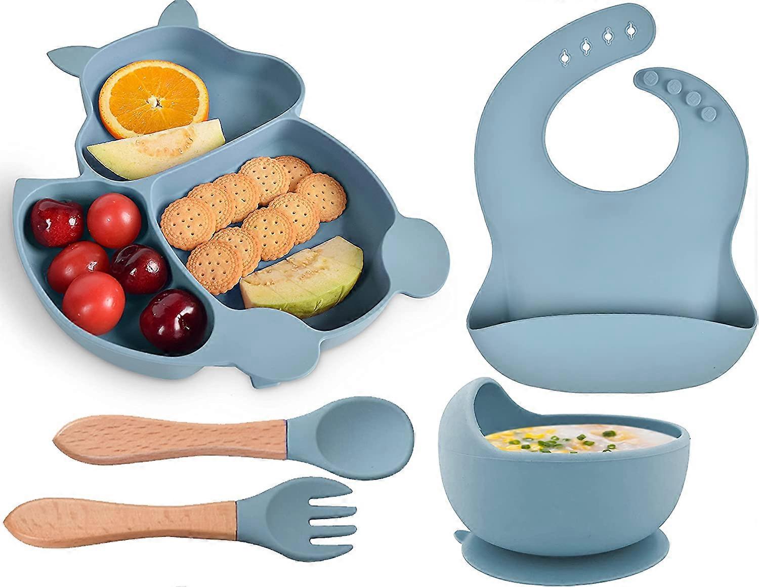Hoseay Baby Feeding Set 5 in 1 Toddler Weaning Squirrel Silicone Suction Plate and Bowl Spoon Fork Bibs Dining Set for Babies BPA Free Baby Meal Sets
